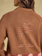 Embroidered Cowboy Tan Brown Cotton Blend Knitted Cardigan - Image 4 of 7
