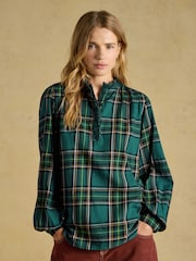 Joules Melanie Green Check Brushed Frill Neck Blouse - Image 3 of 9