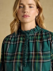 Joules Melanie Green Check Brushed Frill Neck Blouse - Image 6 of 9