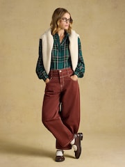 Joules Melanie Green Check Brushed Frill Neck Blouse - Image 7 of 9