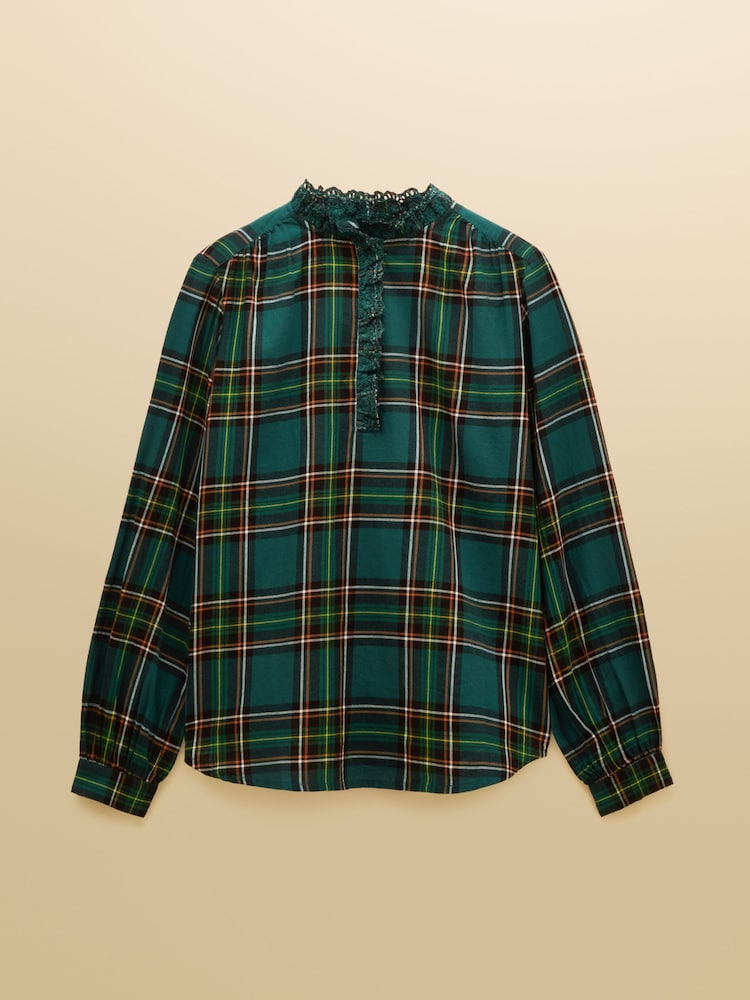 Joules Melanie Green Check Brushed Frill Neck Blouse - Image 9 of 9 Joules Melanie Green Check Brushed Frill Neck Blouse - Image 9 of 9