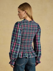 Joules Zoe Navy Check Long Sleeved Smocked Blouse - Image 2 of 7