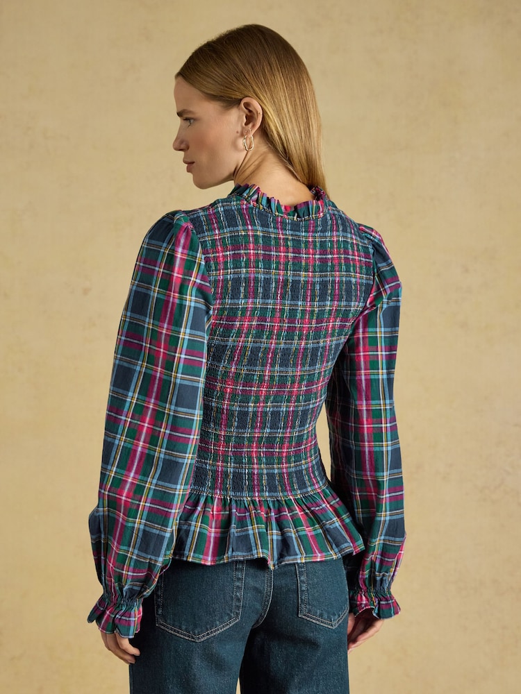 Joules Zoe Navy Check Long Sleeved Smocked Blouse - Image 2 of 7 Joules Zoe Navy Check Long Sleeved Smocked Blouse - Image 2 of 7
