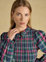 Joules Zoe Navy Check Long Sleeved Smocked Blouse - Image 3 of 7