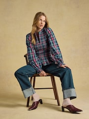 Joules Zoe Navy Check Long Sleeved Smocked Blouse - Image 4 of 7