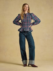 Joules Zoe Navy Check Long Sleeved Smocked Blouse - Image 6 of 7