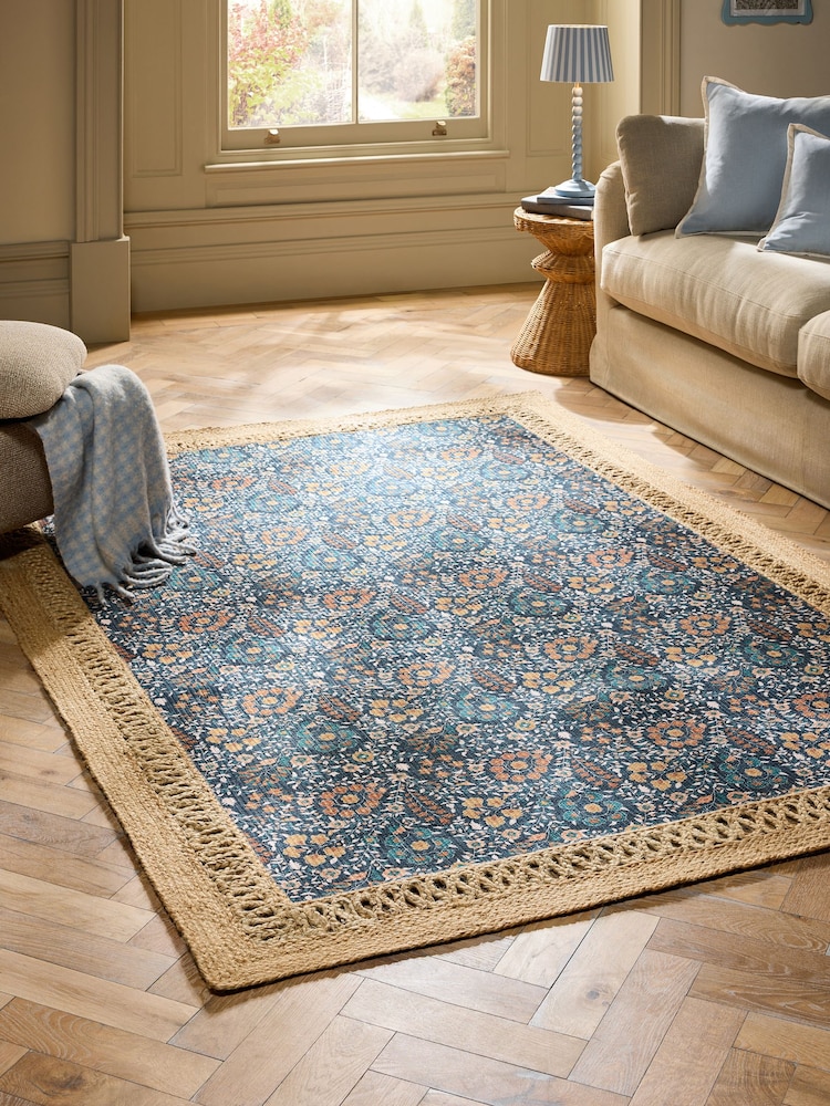 Blue Floral Jute Border Rug - Image 1 of 5