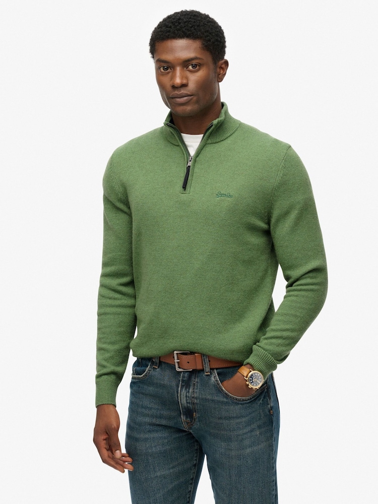 Superdry Green Wool Blend Half Zip Jumper - Image 1 of 6 Superdry Green Wool Blend Half Zip Jumper - Image 1 of 6