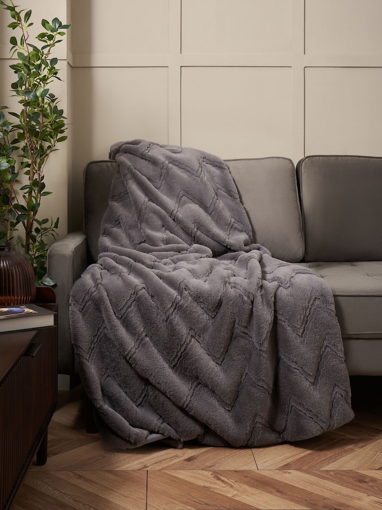BHS Charcoal Chevron Faux Fur Throw - Image 1 of 5 BHS Charcoal Chevron Faux Fur Throw - Image 1 of 5