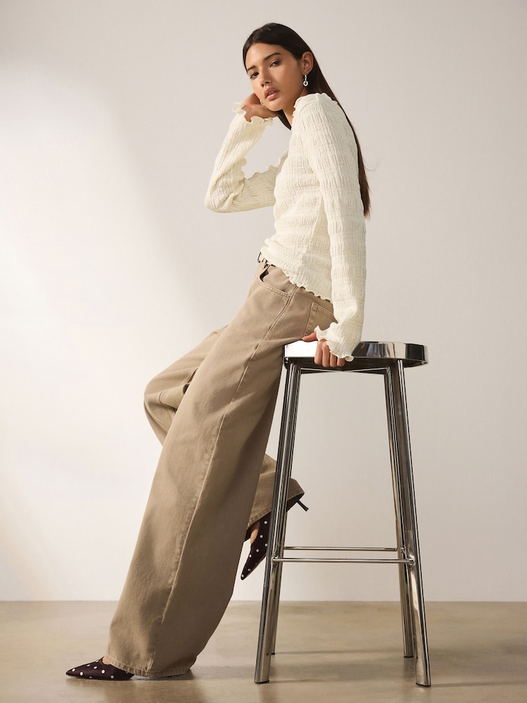 Ecru Shirred Texture Long Sleeve Top - Image 1 of 5