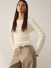 Ecru Shirred Texture Long Sleeve Top - Image 3 of 5