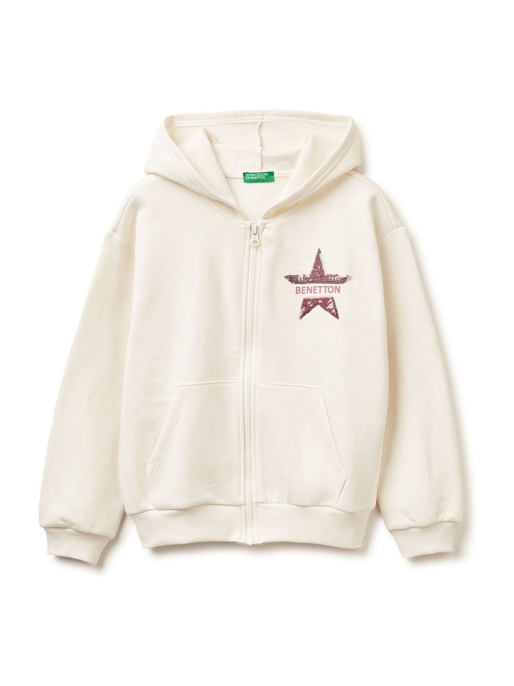 Benetton Cream Full Zip Star Hoodie - Image 1 of 3 Benetton Cream Full Zip Star Hoodie - Image 1 of 3