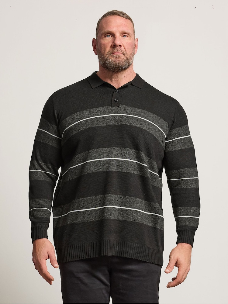 BadRhino Big & Tall Black Long Sleeve Striped Knitted Polo Shirt - Image 1 of 6 BadRhino Big & Tall Black Long Sleeve Striped Knitted Polo Shirt - Image 1 of 6