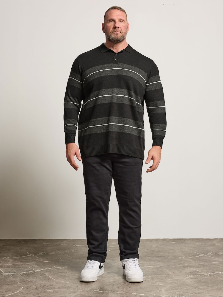 BadRhino Big & Tall Black Long Sleeve Striped Knitted Polo Shirt - Image 2 of 6 BadRhino Big & Tall Black Long Sleeve Striped Knitted Polo Shirt - Image 2 of 6