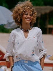Joules Tilda Cream Embroidered V Neck Popover Long Sleeve Blouse - Image 1 of 9