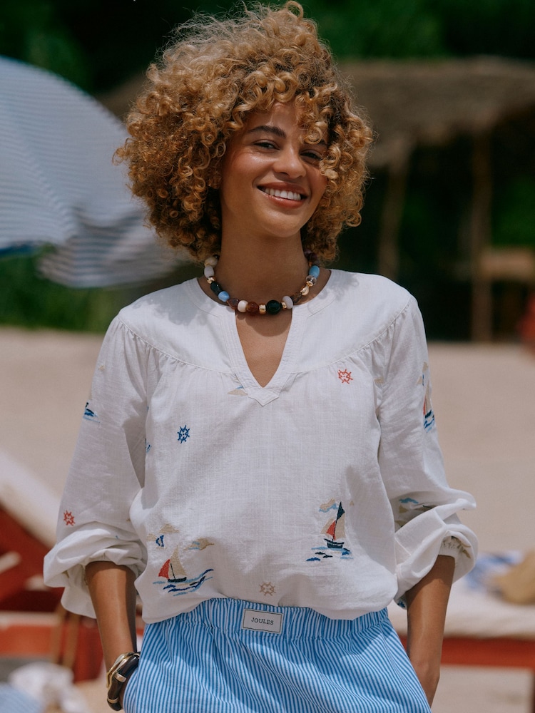 Joules Tilda Cream Embroidered V Neck Popover Long Sleeve Blouse - Image 1 of 9