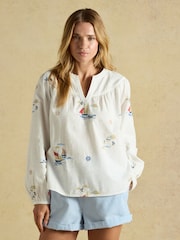 Joules Tilda Cream Embroidered V Neck Popover Long Sleeve Blouse - Image 3 of 9