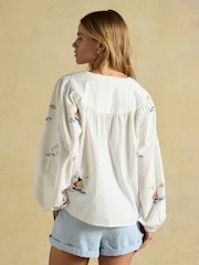 Joules Tilda Cream Embroidered V Neck Popover Long Sleeve Blouse - Image 4 of 9