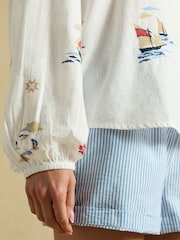 Joules Tilda Cream Embroidered V Neck Popover Long Sleeve Blouse - Image 6 of 9