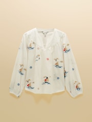 Joules Tilda Cream Embroidered V Neck Popover Long Sleeve Blouse - Image 9 of 9