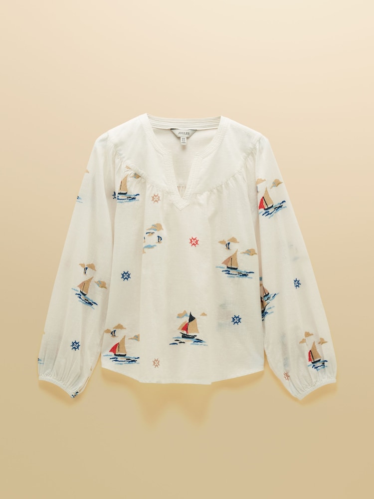 Joules Tilda Cream Embroidered V Neck Popover Long Sleeve Blouse - Image 9 of 9
