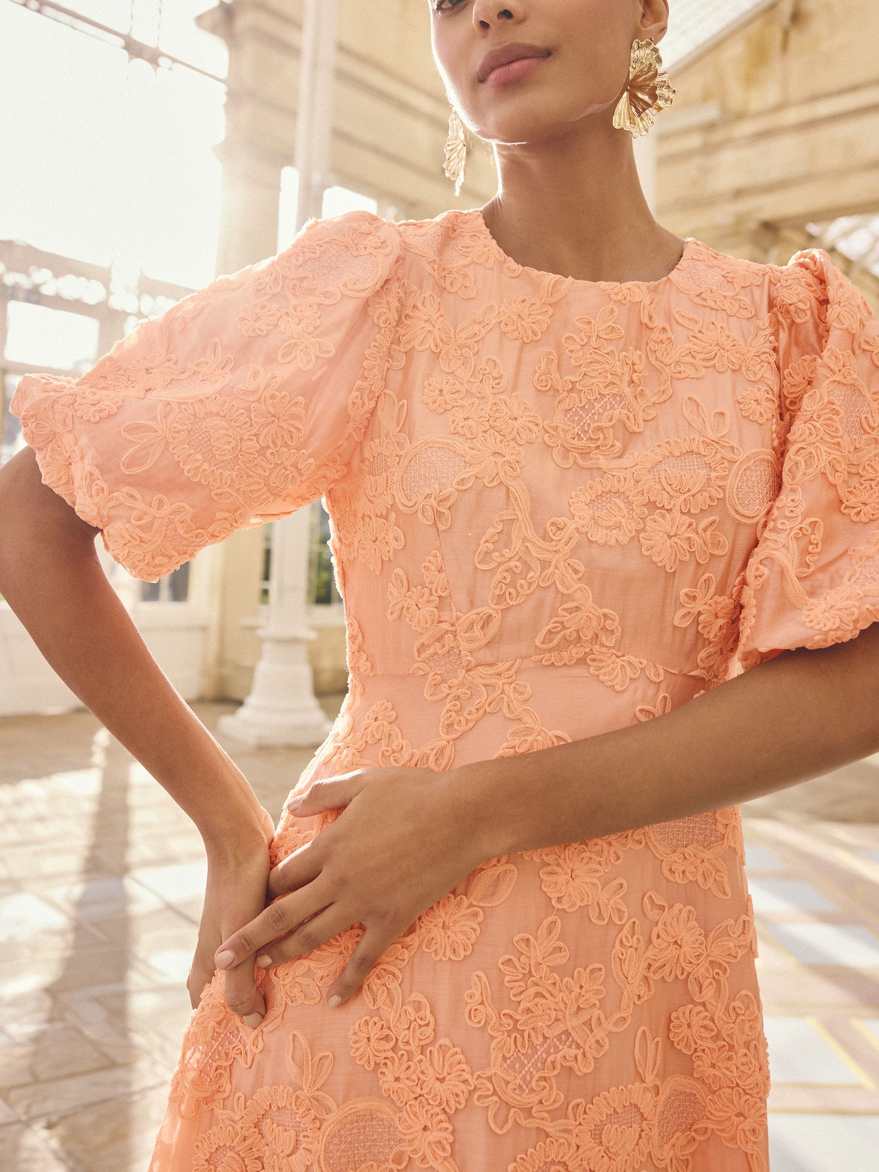 Buy Love & Roses Peach Pink Textured Puff Sleeve Crew Neck Midi