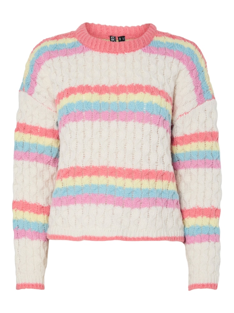 PIECES White Rainbow Stripe Long Sleeve Cable Knit Jumper - Image 1 of 2