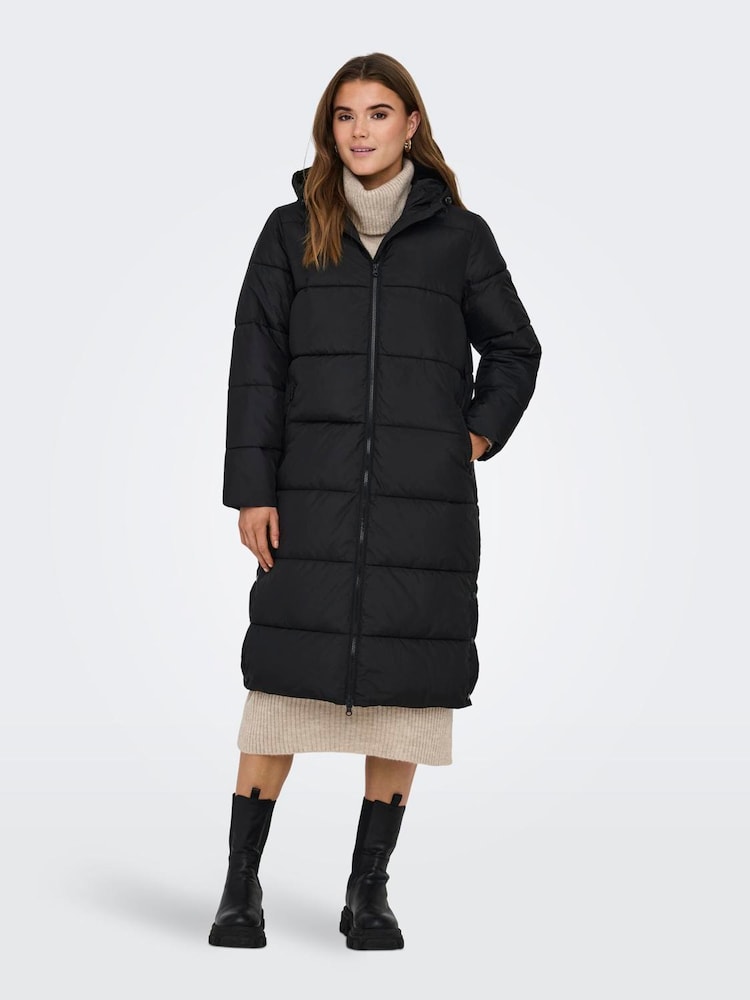 ONLY Black Zip Up Hooded Long Puffer Coat - Image 2 of 6