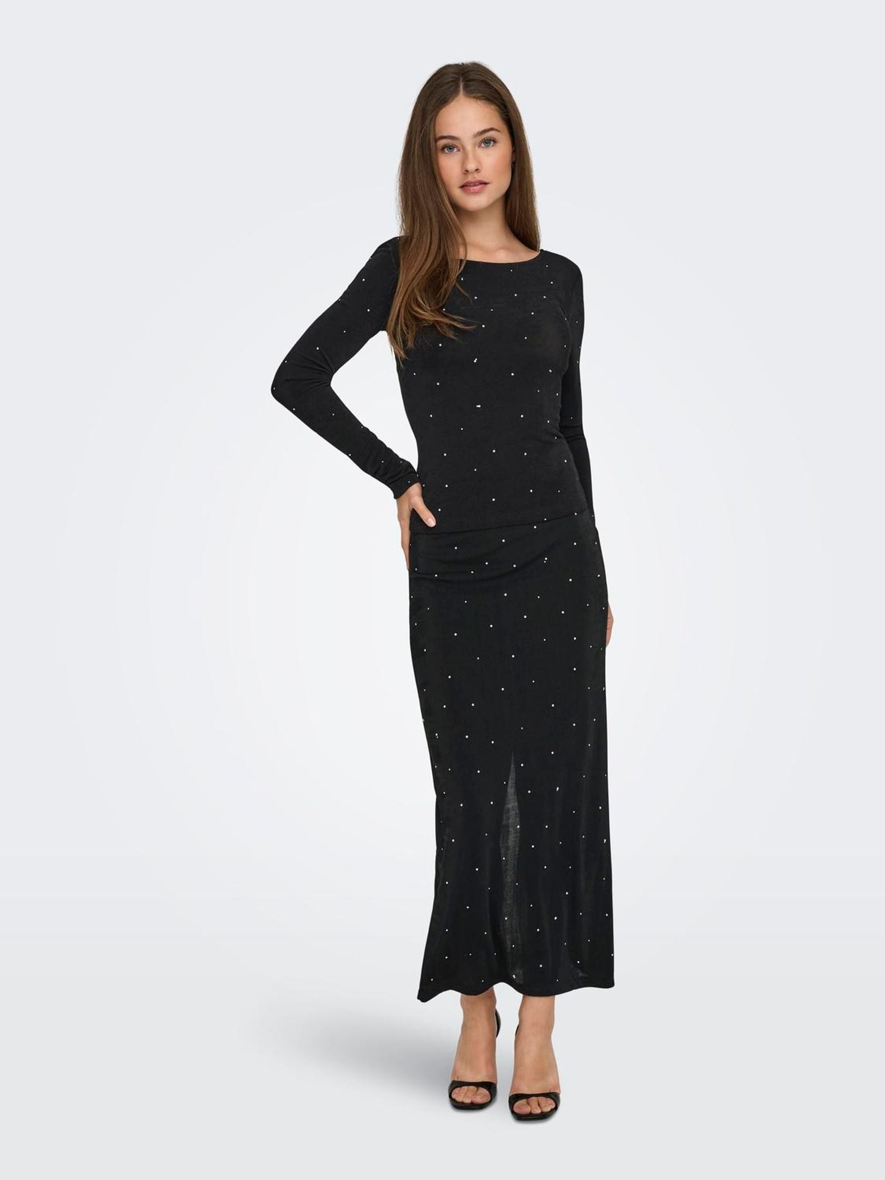 Jdy Women's Black Deep Back Long Sleeve Embellished Studded Top
