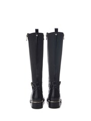 Moda in Pelle Black Cross Strap Heel Clip Leather Long Boots - Image 1 of 4
