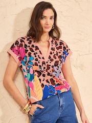 Love & Roses Multi Animal Tropical Print Notch Neck Jersey T-Shirt - Image 1 of 4