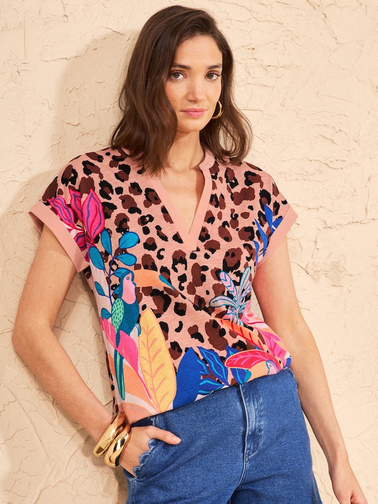 Love & Roses Multi Animal Tropical Print Notch Neck Jersey T-Shirt - Image 1 of 4