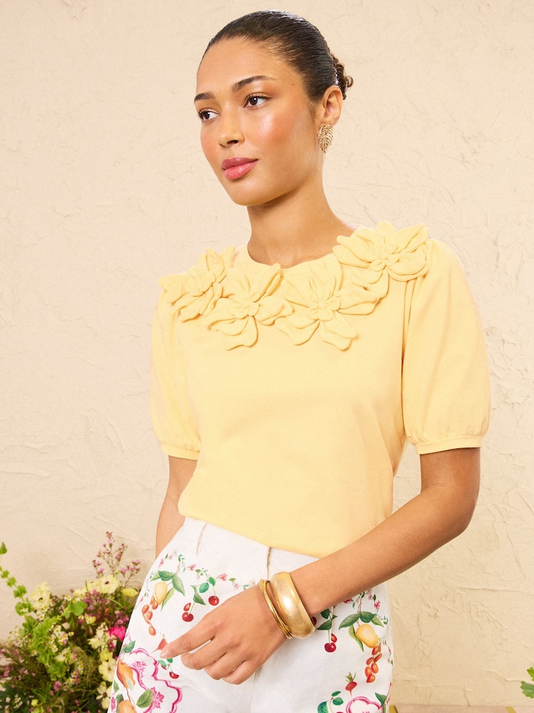 Love & Roses x RHS Yellow 3D Flower Crew Neck T-Shirt - Image 1 of 6