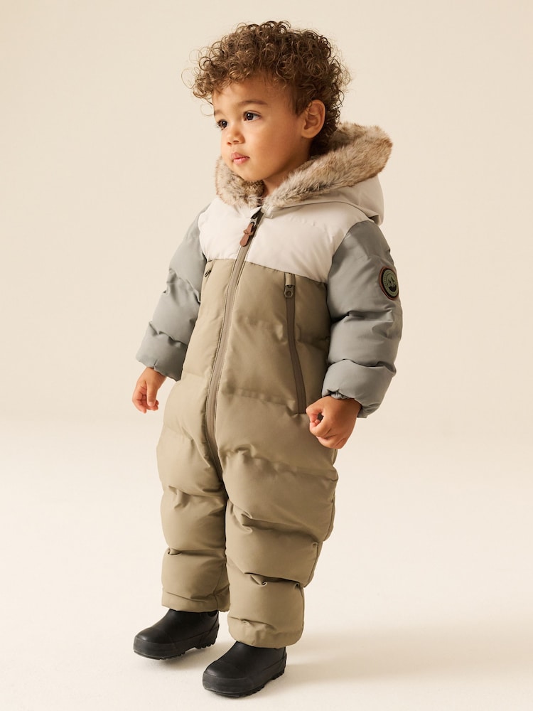 Neutral Colour Block Waterproof Padded Snowsuit (3mths-7yrs) - Image 1 of 5 Neutral Colour Block Waterproof Padded Snowsuit (3mths-7yrs) - Image 1 of 5