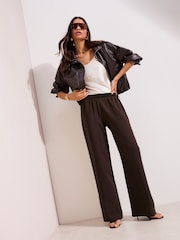 Friends Like These Brown Petite Elastic Waist Wide Leg Trousers - Image 1 of 4