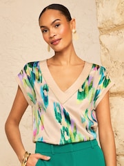 Love & Roses Champagne Smudged Animal Printed V-Neck Satin Front Jersey T-Shirt - Image 1 of 4