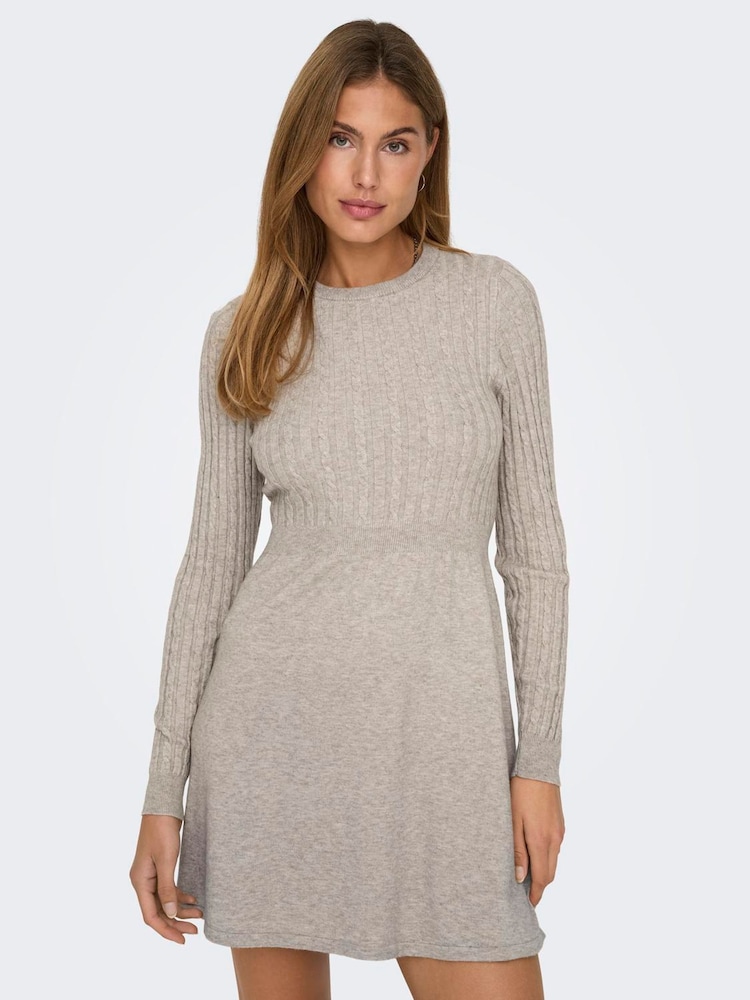 ONLY Brown Long Sleeve Cable Knit Mini Dress - Image 1 of 6 ONLY Brown Long Sleeve Cable Knit Mini Dress - Image 1 of 6