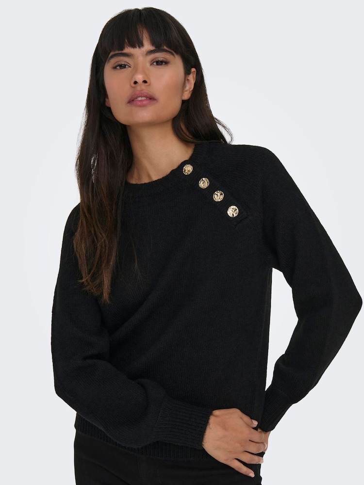 ONLY Black Button Detail Round Neck Knitted Jumper - Image 1 of 5 ONLY Black Button Detail Round Neck Knitted Jumper - Image 1 of 5