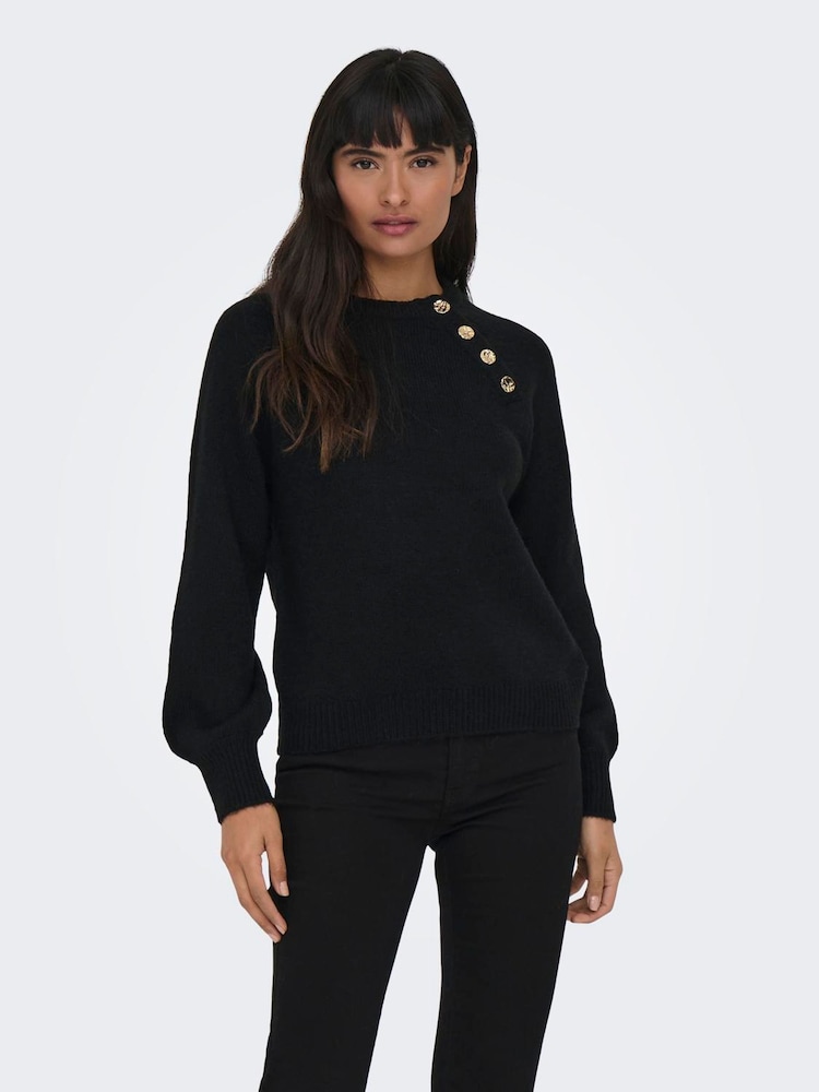 ONLY Black Button Detail Round Neck Knitted Jumper - Image 2 of 5 ONLY Black Button Detail Round Neck Knitted Jumper - Image 2 of 5