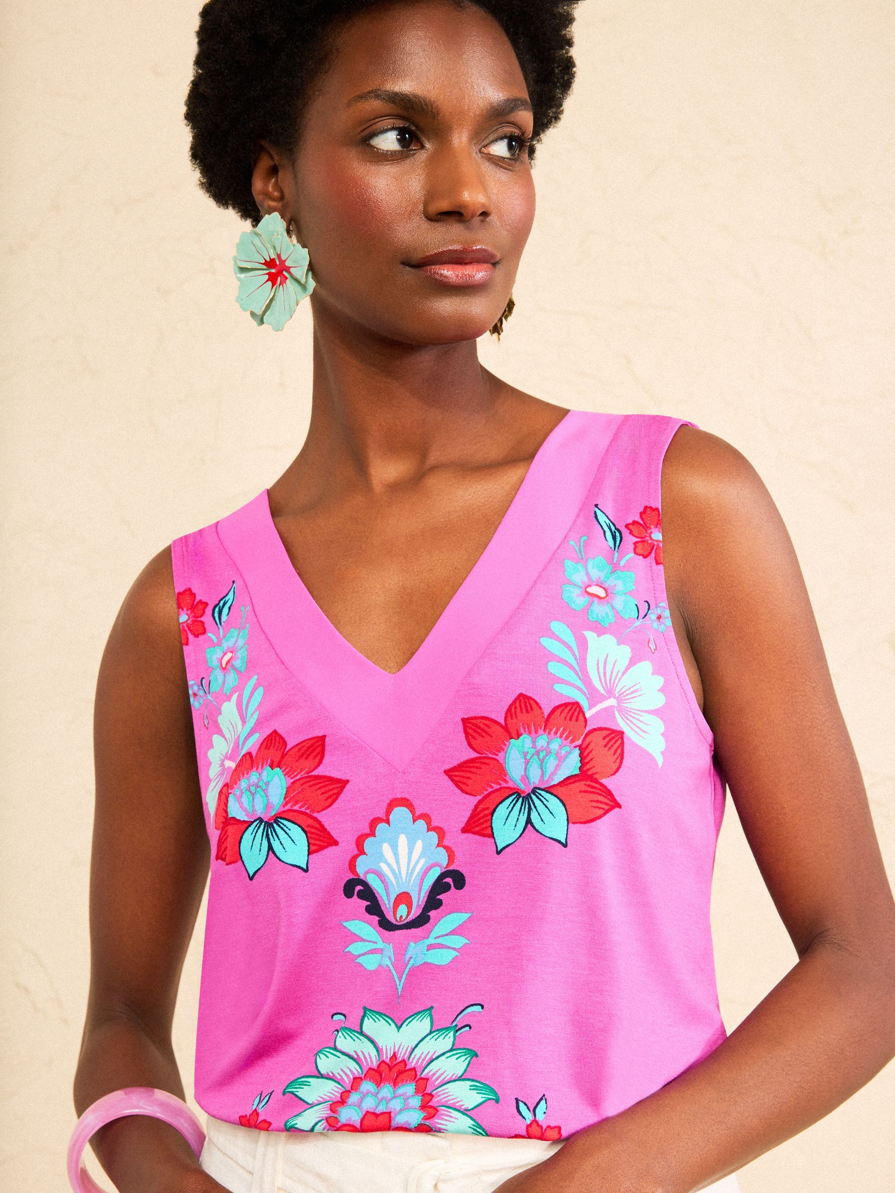 Buy Love & Roses Pink Floral Print Chiffon Trim V-Neck Jersey Vest