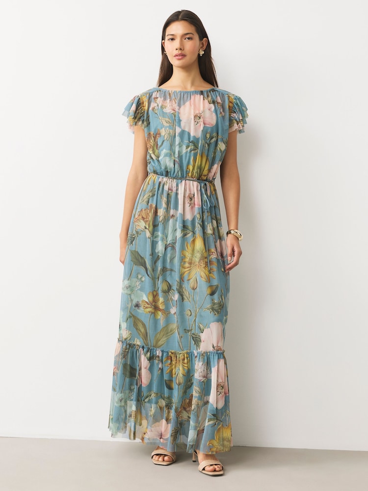 Blue Floral Occasion Tie Waist Mesh Maxi Dress - Image 1 of 4 Blue Floral Occasion Tie Waist Mesh Maxi Dress - Image 1 of 4