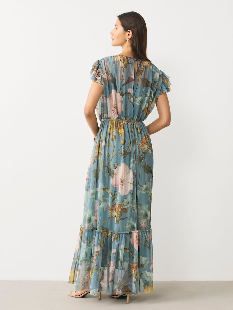 Blue Floral Occasion Tie Waist Mesh Maxi Dress - Image 2 of 4 Blue Floral Occasion Tie Waist Mesh Maxi Dress - Image 2 of 4