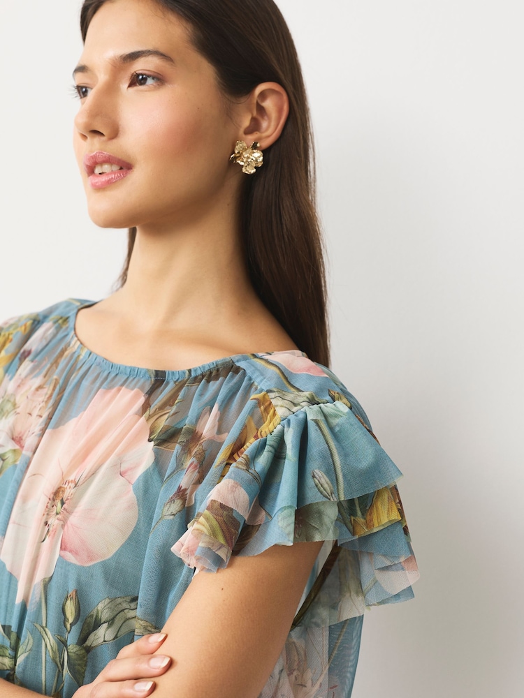 Blue Floral Occasion Tie Waist Mesh Maxi Dress - Image 4 of 4 Blue Floral Occasion Tie Waist Mesh Maxi Dress - Image 4 of 4