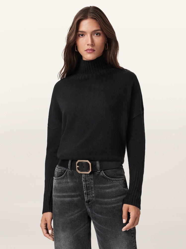 AllSaints Black Ester Roll Neck Jumper - Image 1 of 8 AllSaints Black Ester Roll Neck Jumper - Image 1 of 8