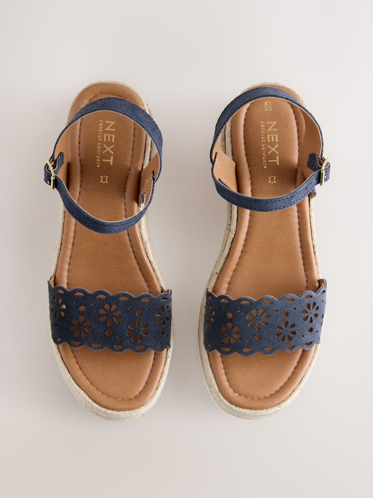 Navy Standard Fit Forever Comfort® Leather Lasercut Wedges - Image 1 of 5 Navy Standard Fit Forever Comfort® Leather Lasercut Wedges - Image 1 of 5