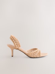 Neutral Raffia Peep Toe Heeled Sandals - Image 1 of 5