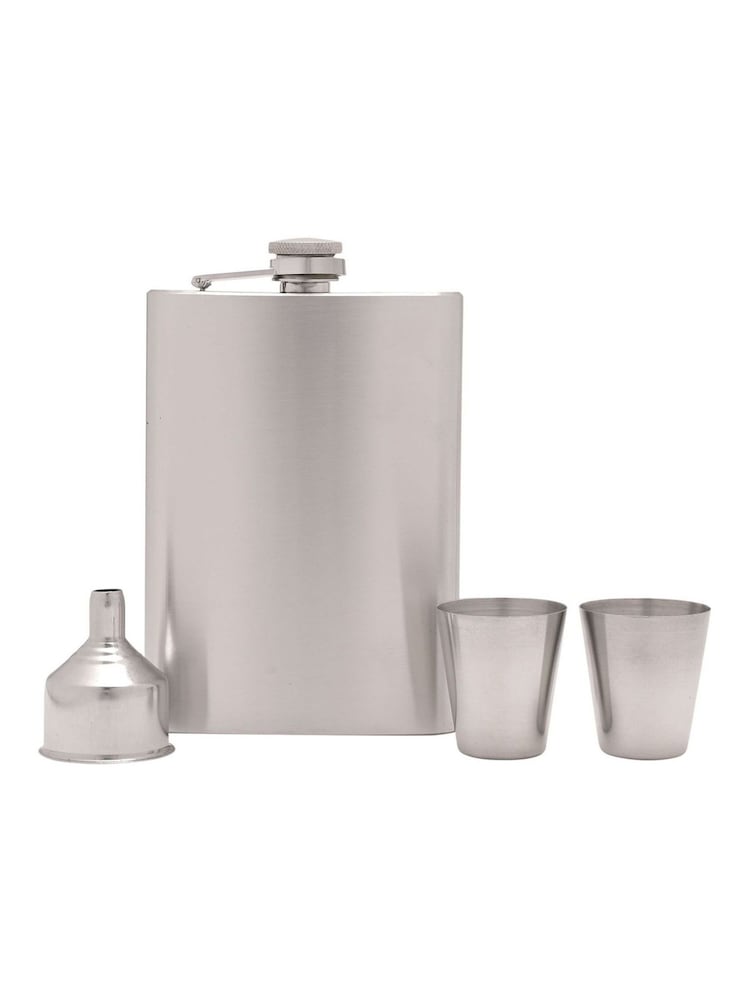 Widdop Silver Harvey Makin Rectangular Hip Flask Set Including Funnel  2 Cups  8oz Stainless Steel - Image 1 of 3