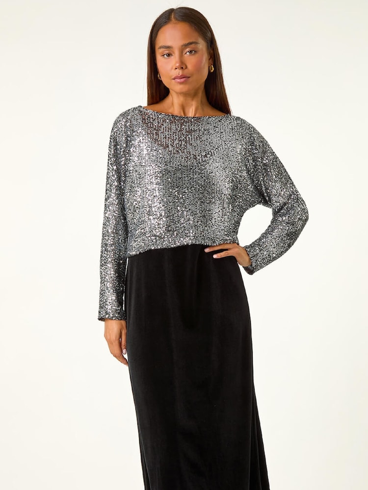 Roman Black Petite Constrast Sequin Velvet Dress - Image 2 of 5