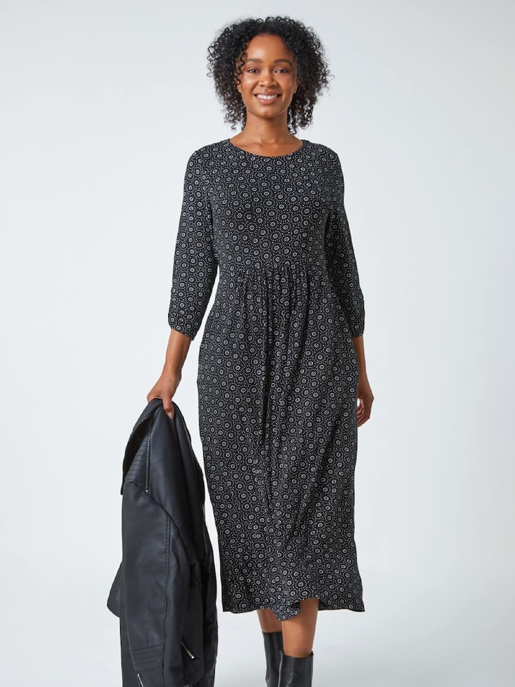 Roman Black Petite Spot Pocket Stretch Midi Dress - Image 2 of 5 Roman Black Petite Spot Pocket Stretch Midi Dress - Image 2 of 5