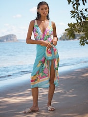 Love & Roses Aqua Blue Lemon Tropical Print Midi Beach Sarong Coverup - Image 2 of 4